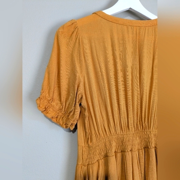 Baltic Born Cascading Ruffle Pleated Button Top Puff Sleeve Textured Front Midi - Picture 13 of 16